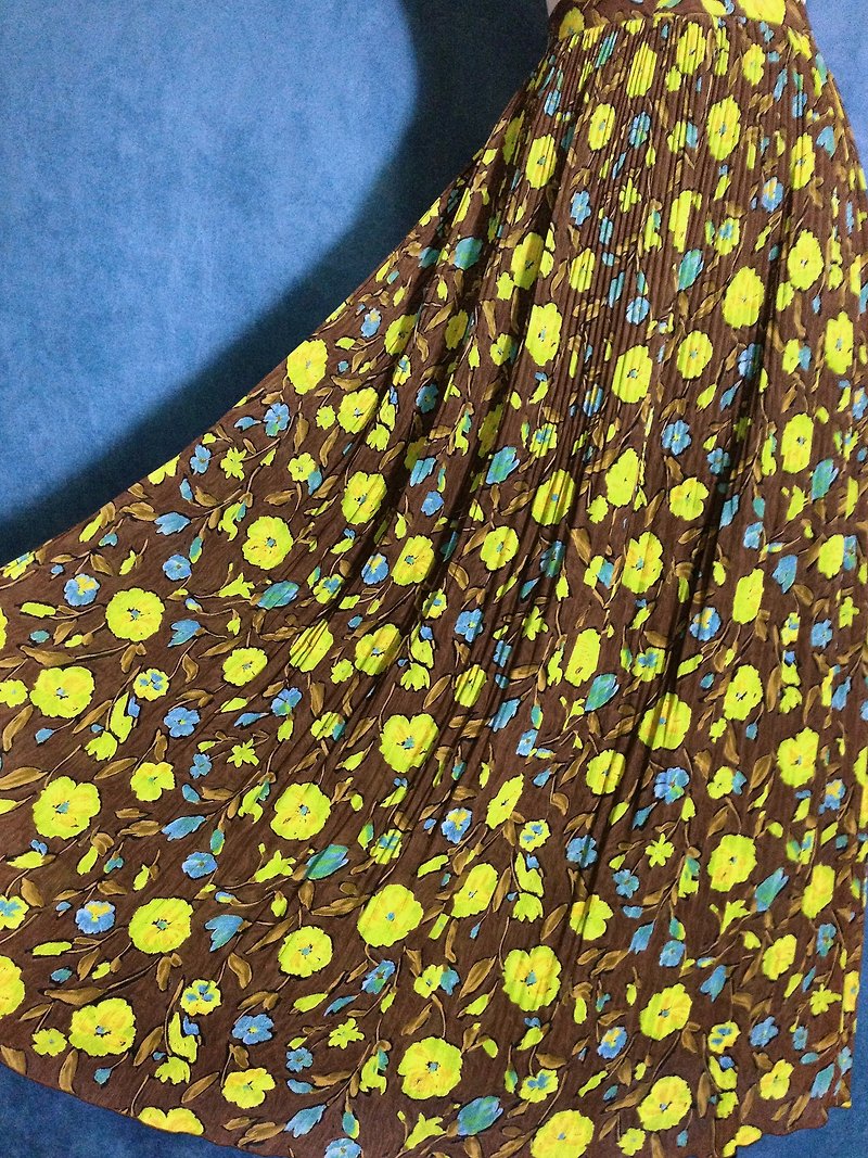 Ping pong ancient [ancient skirt / bright color flowers chiffon ancient dress] abroad back to VINTAGE - Skirts - Polyester Brown
