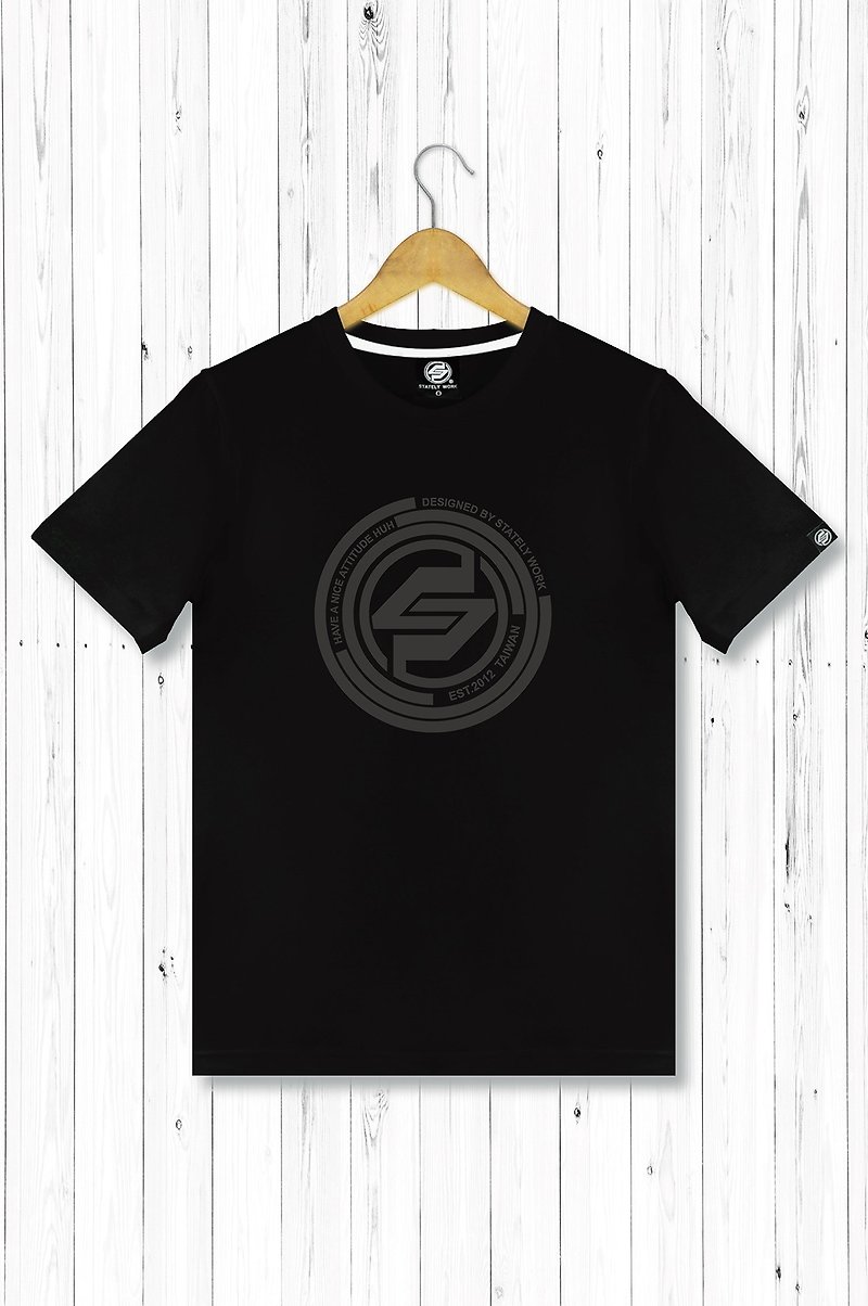 STATELYWORK Concentric Circle LOGO Men's T-Shirt Black and Grey Two Colors - เสื้อยืดผู้ชาย - ผ้าฝ้าย/ผ้าลินิน สีดำ