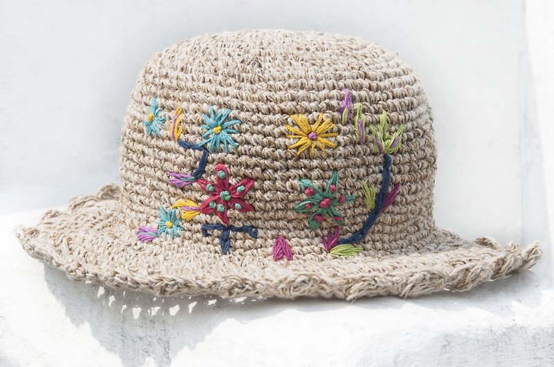 Linen cotton knit cap hat visor cap hat Alpine hat straw hat - hand-embroidered flowers - หมวก - ผ้าฝ้าย/ผ้าลินิน หลากหลายสี