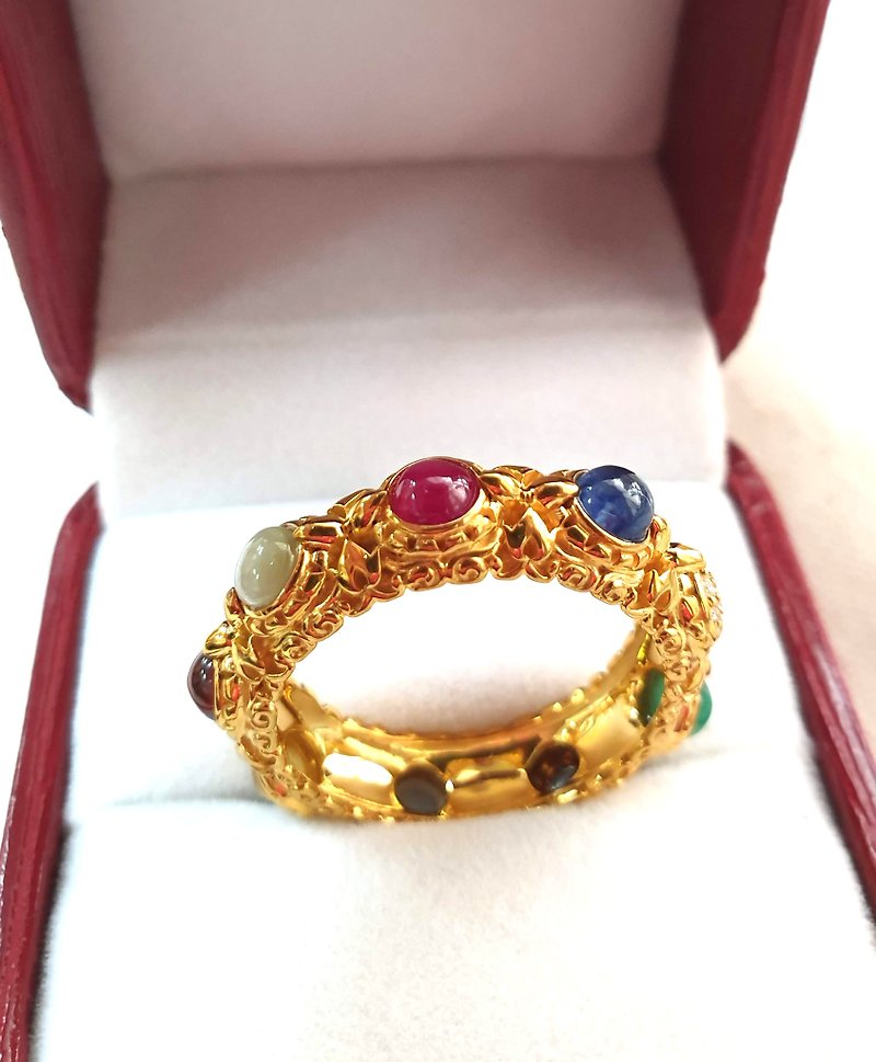 แหวนนพเก้า 9 เม็ดทองคำแท้  9K  ขนาดแหวน 61 - แหวนทั่วไป - เครื่องประดับพลอย สีแดง