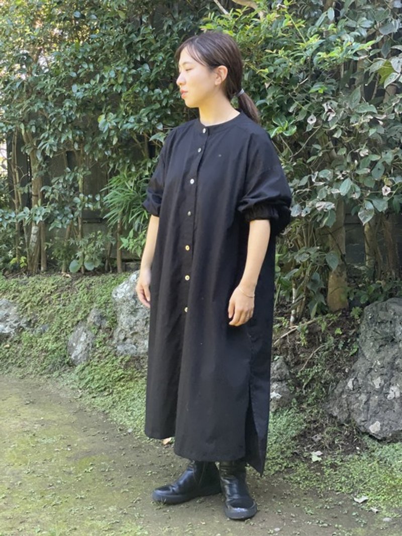 Band collar shirt dress (black) - One Piece Dresses - Cotton & Hemp 