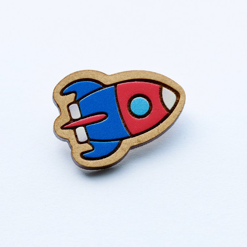 彩繪木製胸針-火箭 - 胸針 - 木頭 藍色