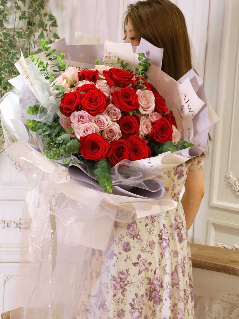 巨型玫瑰鮮花束 - 乾燥花/永生花 - 植物．花 紅色