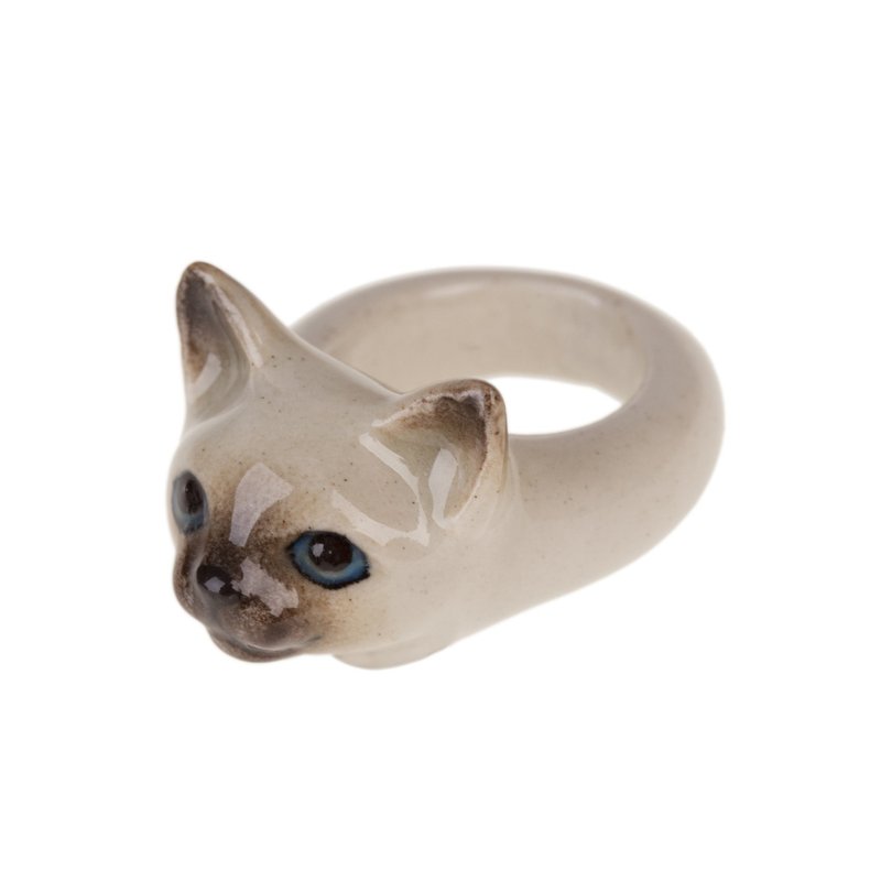AndMary 手繪瓷戒指-暹羅貓 禮盒裝 Kitten Head Ring - 戒指 - 瓷 卡其色