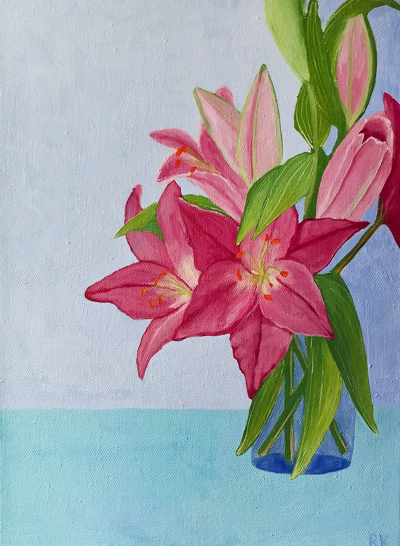 Pink lily painting, Original floral art on canvas, Botanical bohemian artwork - 牆貼/牆身裝飾 - 其他材質 多色