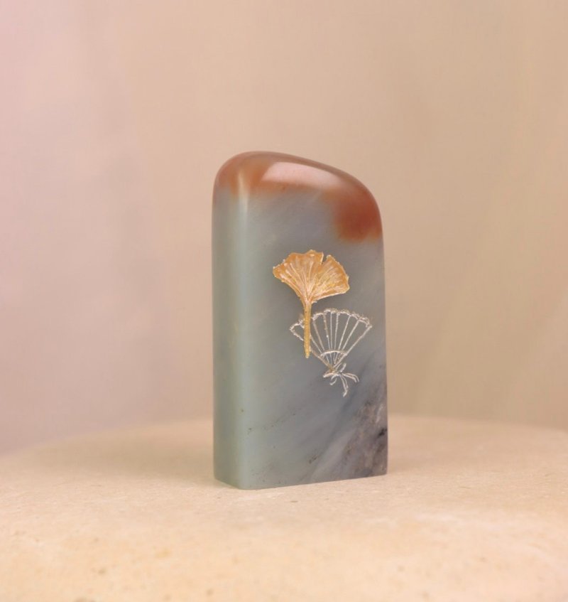 【日好手工刻印・原創樹脂單章】銀杏與扇 - 印章/印台 - 石頭 藍色