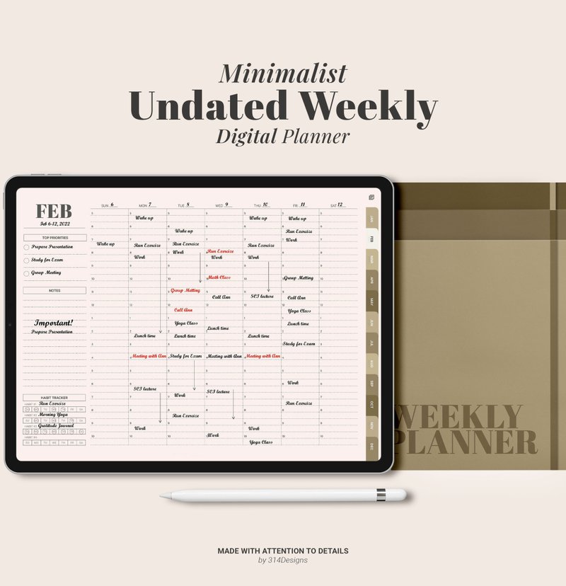 Undated Weekly Digital Planner, Goodnotes ipad Planner, Daily hourly Minimalist - 電子手帳及素材 - 其他材質 