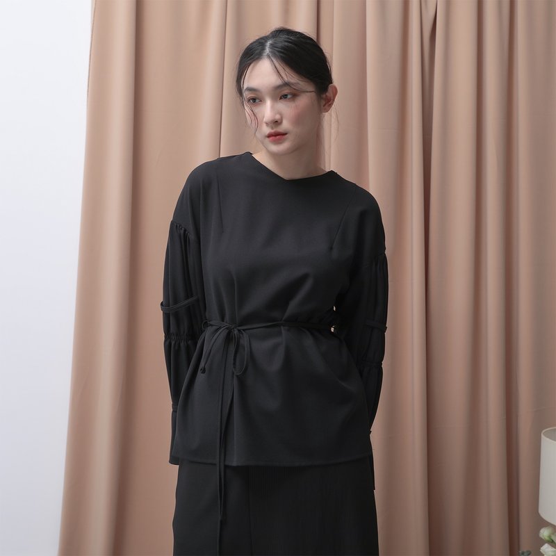 Hexian_Pleated Top_22AF005_Black - Women's Tops - Polyester Black