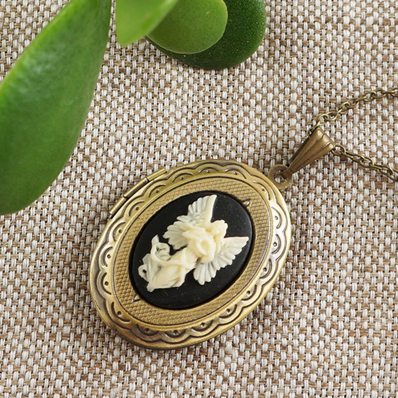 Guardian Angel Cherub Cameo Photo Locket Ivory Black Pendant Necklace Jewelry - 項鍊 - 其他材質 黑色
