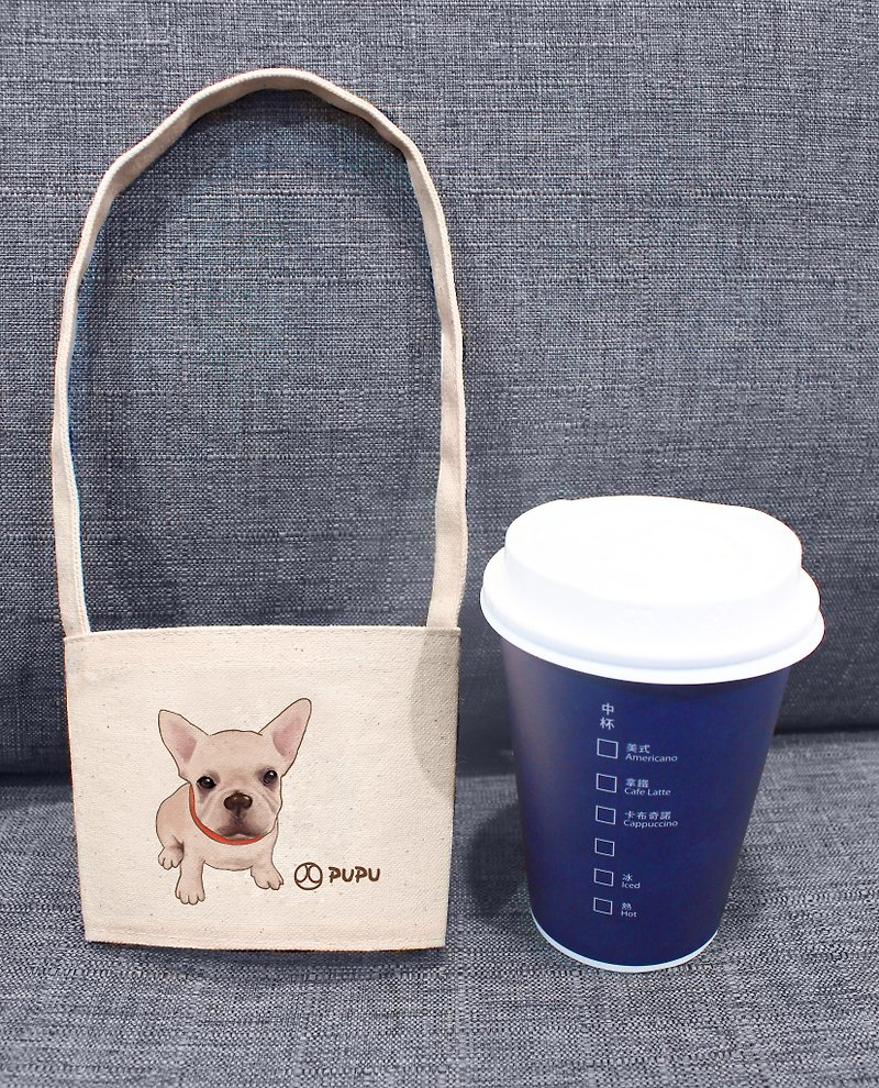 Fighting-sitting posture (cup cover)-Taiwanese cotton and linen-Wenchuang Shiba Inu-environmental protection-beverage bag-fly planet - Handbags & Totes - Cotton & Hemp White