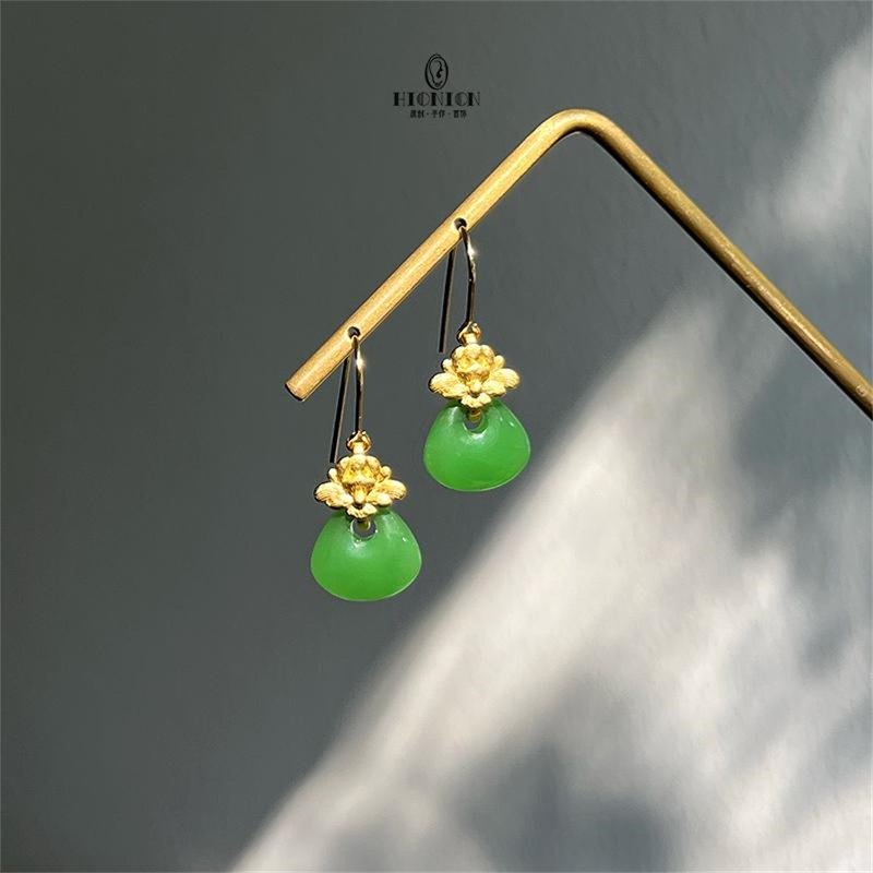 Lanshi~Original design new Chinese retro earrings glass imitation jade texture niche national style earrings ear clips - ต่างหู - วัสดุอื่นๆ 