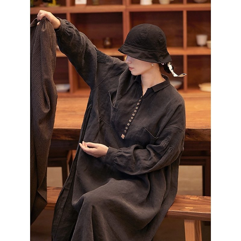 Dark gray hemp quilted half-cardigan shepherd's robe - กระโปรง - ผ้าฝ้าย/ผ้าลินิน 