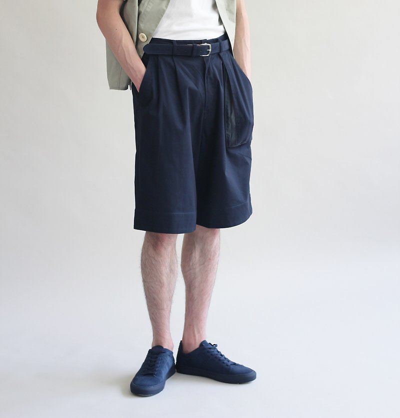 Wide Leg Tonal Trousers - กางเกงขายาว - ผ้าฝ้าย/ผ้าลินิน สีน้ำเงิน