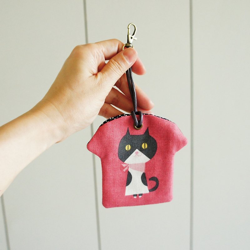 Lovely Japanese cotton Linen[Black T-shirt pocket cat style bags peace symbol sign talisman] poetry, gray red - ซองรับขวัญ - ผ้าฝ้าย/ผ้าลินิน สีแดง