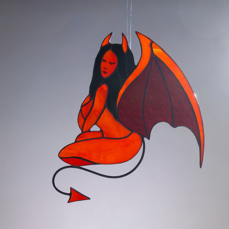 Stained Glass Devil Girl Suncatcher Window Hanging Captivating Dance of Darkness - ของวางตกแต่ง - แก้ว สีแดง