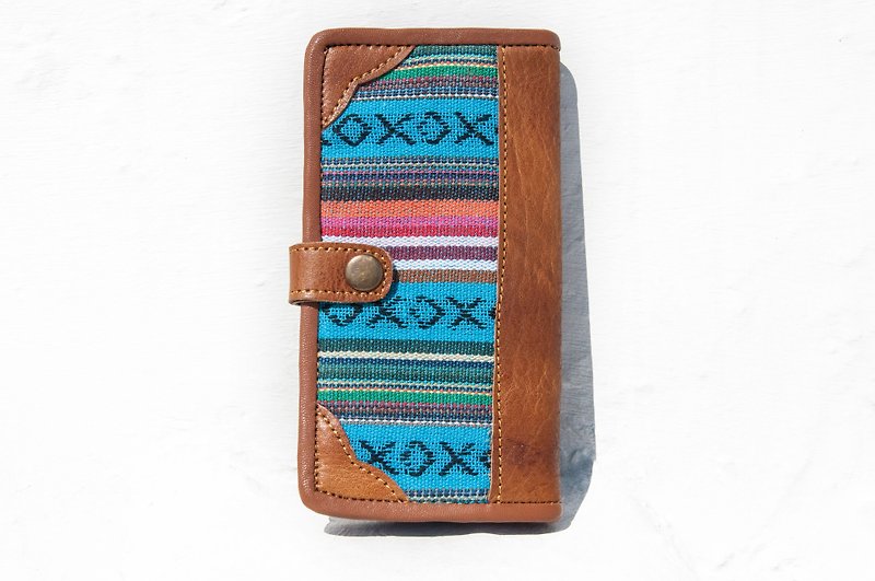 Woven stitching leather long clip / long wallet / purse / woven wallet - Moroccan sky ethnic style leather - กระเป๋าสตางค์ - หนังแท้ สีน้ำเงิน