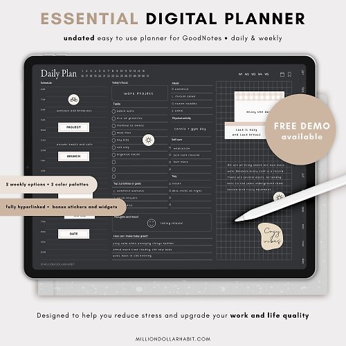 Million Dollar Habit Dark Mode Digital Planner for GoodNotes, Undated Digital Planner for iPad