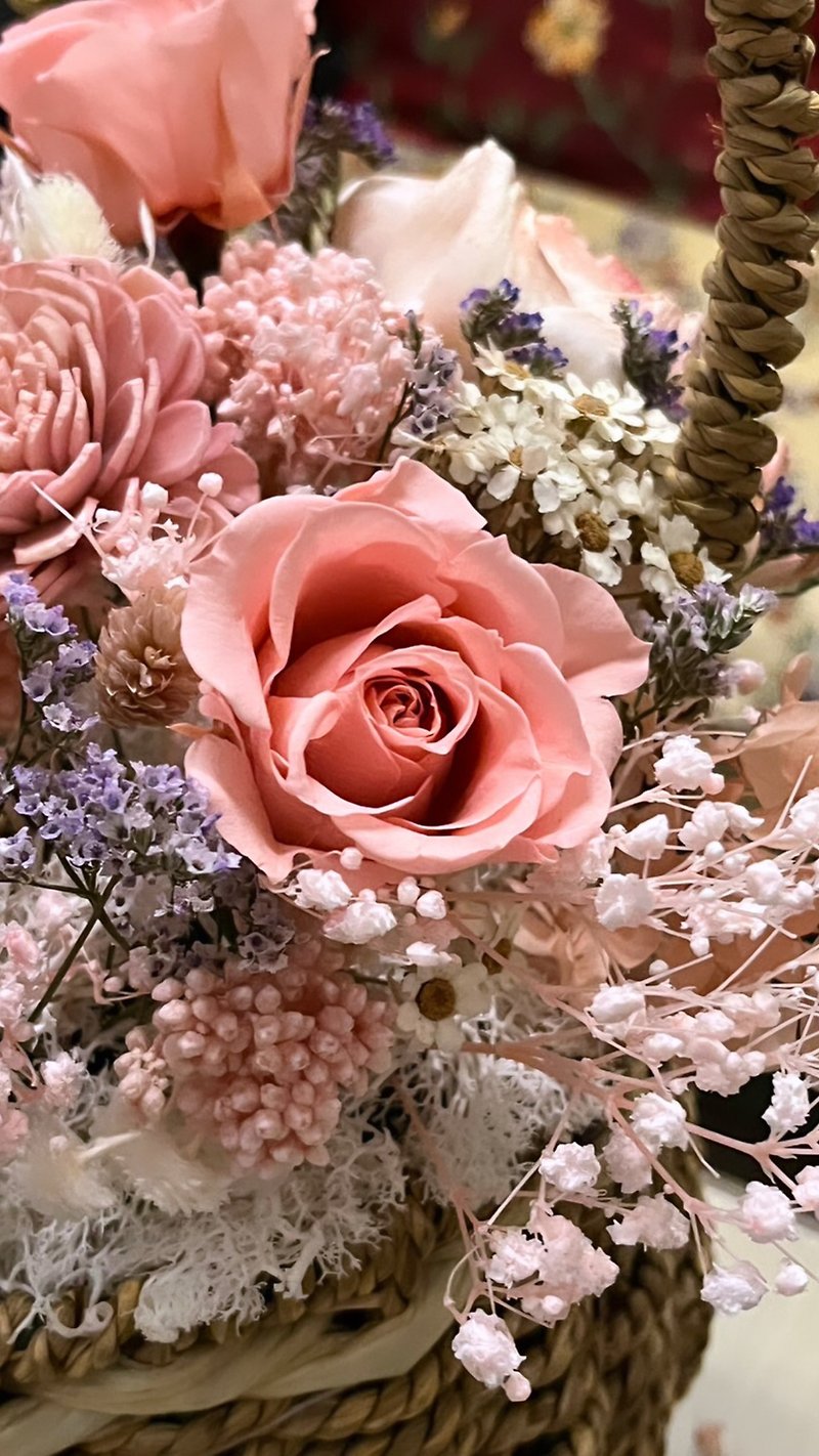 永生花野餐風提籃 - 乾燥花/永生花 - 植物．花 粉紅色