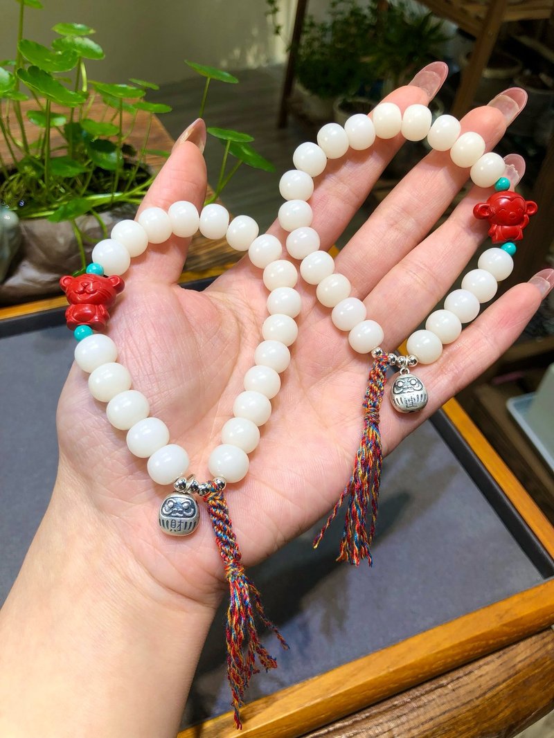 油潤潤的白玉菩提手鏈手持 老型小胖墩搭配硃砂十二生肖 足銀達摩 - 手鍊/手環 - 玉石 