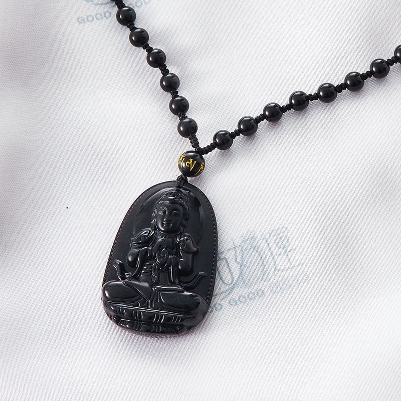 Natural Frosted Obsidian Stone Godpatron  -(Consecration included)  Exorcise - Necklaces - Gemstone Black