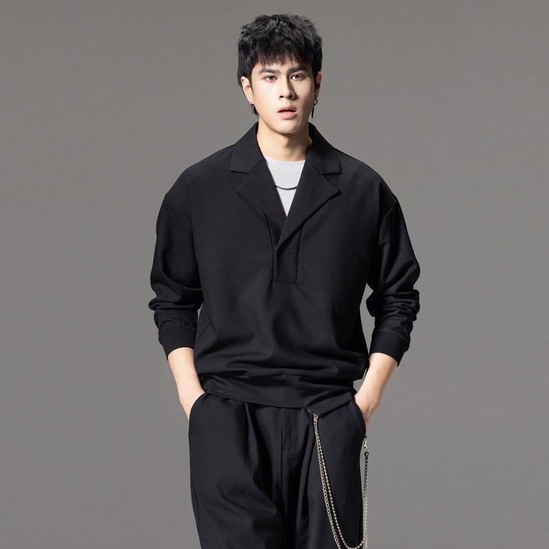 Fall suit collar casual hoodie men's black loose jacket - Men's T-Shirts & Tops - Polyester Black