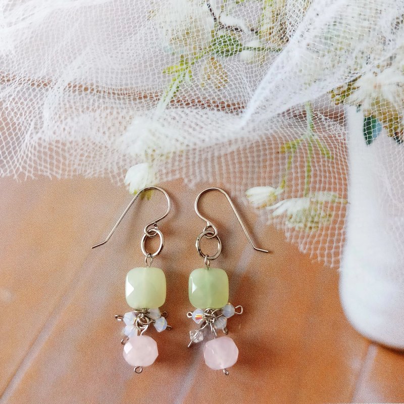 S925 Sterling Silver Earrings Natural Stone Earrings Mountain Jade Crystal Earrings Pink Crystal Earrings EARS-003 - ต่างหู - เงิน สึชมพู