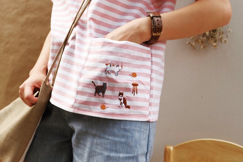 molly top - cat party theme (pink striped) - 女上衣/長袖上衣 - 繡線 粉紅色