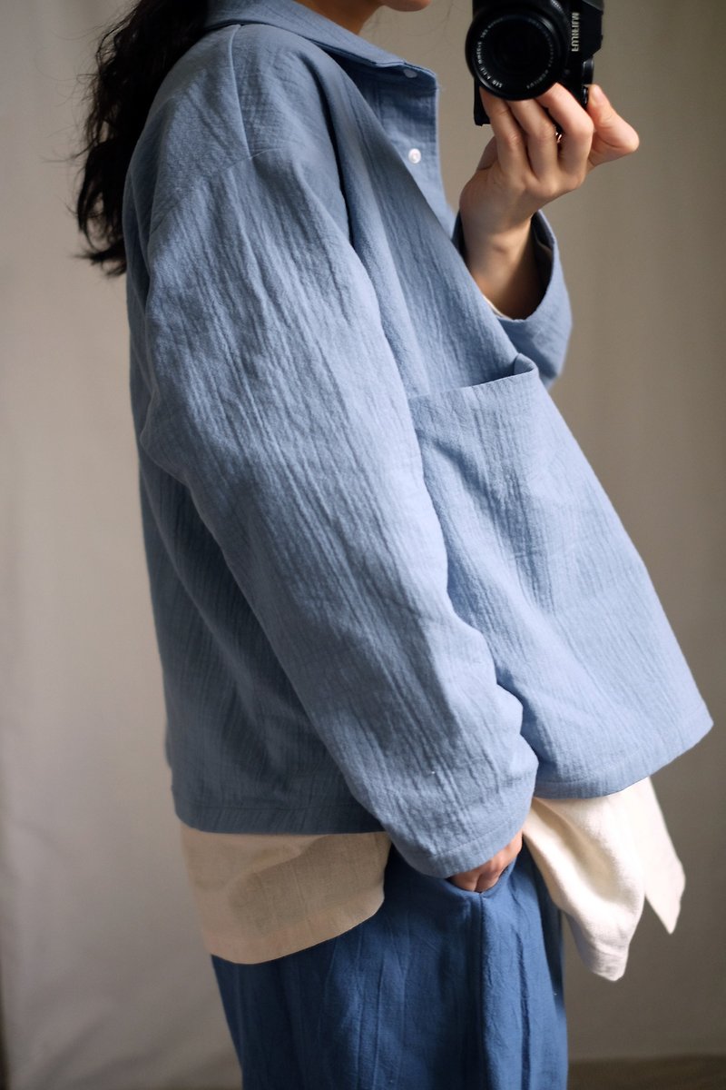 Light blue fold texture wide shirt jacket - Women's Casual & Functional Jackets - Cotton & Hemp Blue