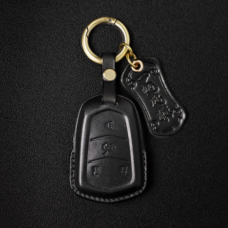 Cowhide car smart key case / hand sewn genuine leather Cadillac key bag - ที่ห้อยกุญแจ - หนังแท้ สีดำ