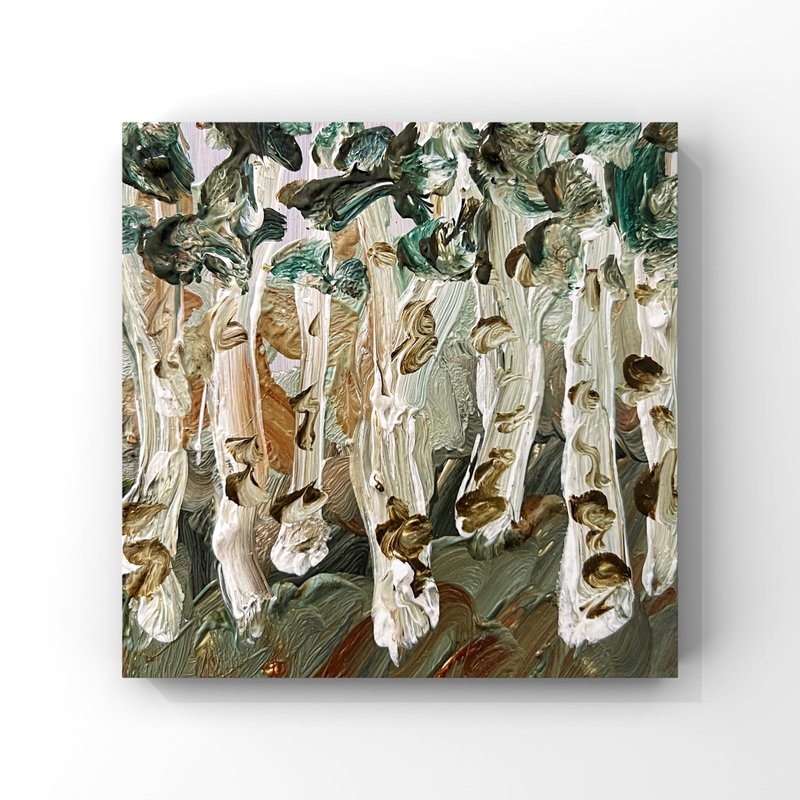 Mini Oil Painting – Birch Forest Textured Artwork – Original 4inch Abstract Art - 海報/掛畫/掛布 - 其他材質 多色