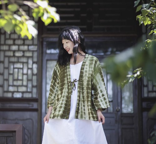 丘山 日式和風 草綠色扎染禪意道袍 和服式系帶開衫羽織外套