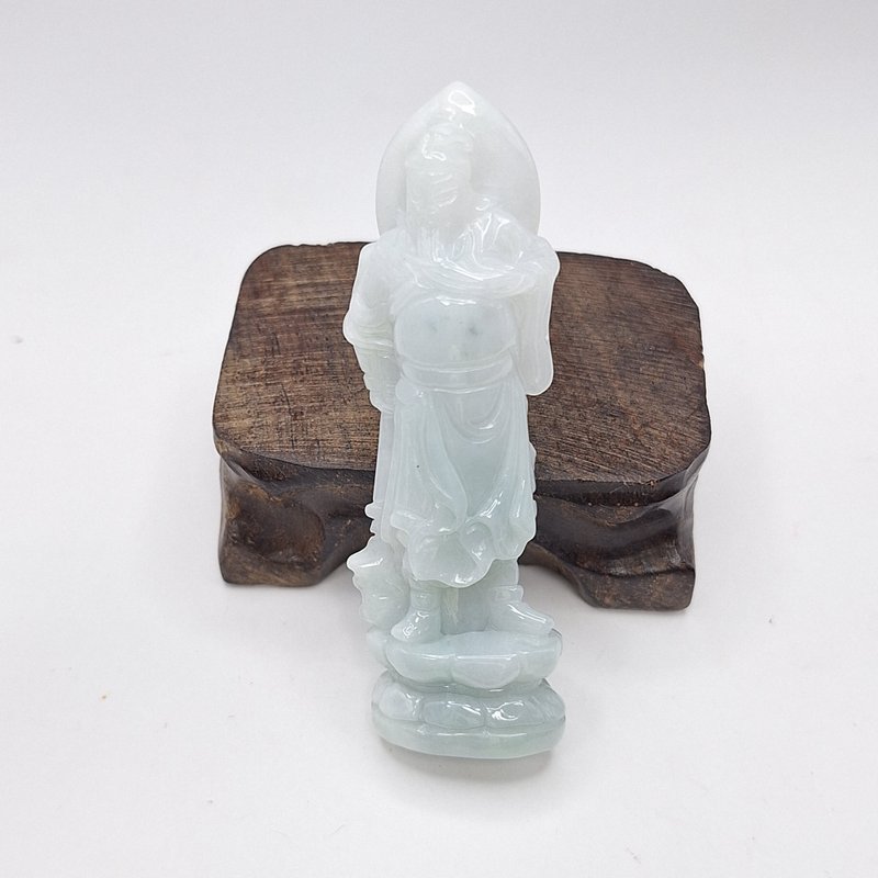 Milky white blue background finely carved Guan Gong pendant | Natural Burmese jade A grade jadeite - สร้อยคอ - หยก 