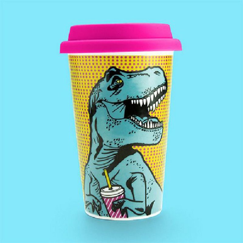 British Mustard double insulated cup - Tyrannosaurus is also thirsty - Mugs - Pottery Multicolor