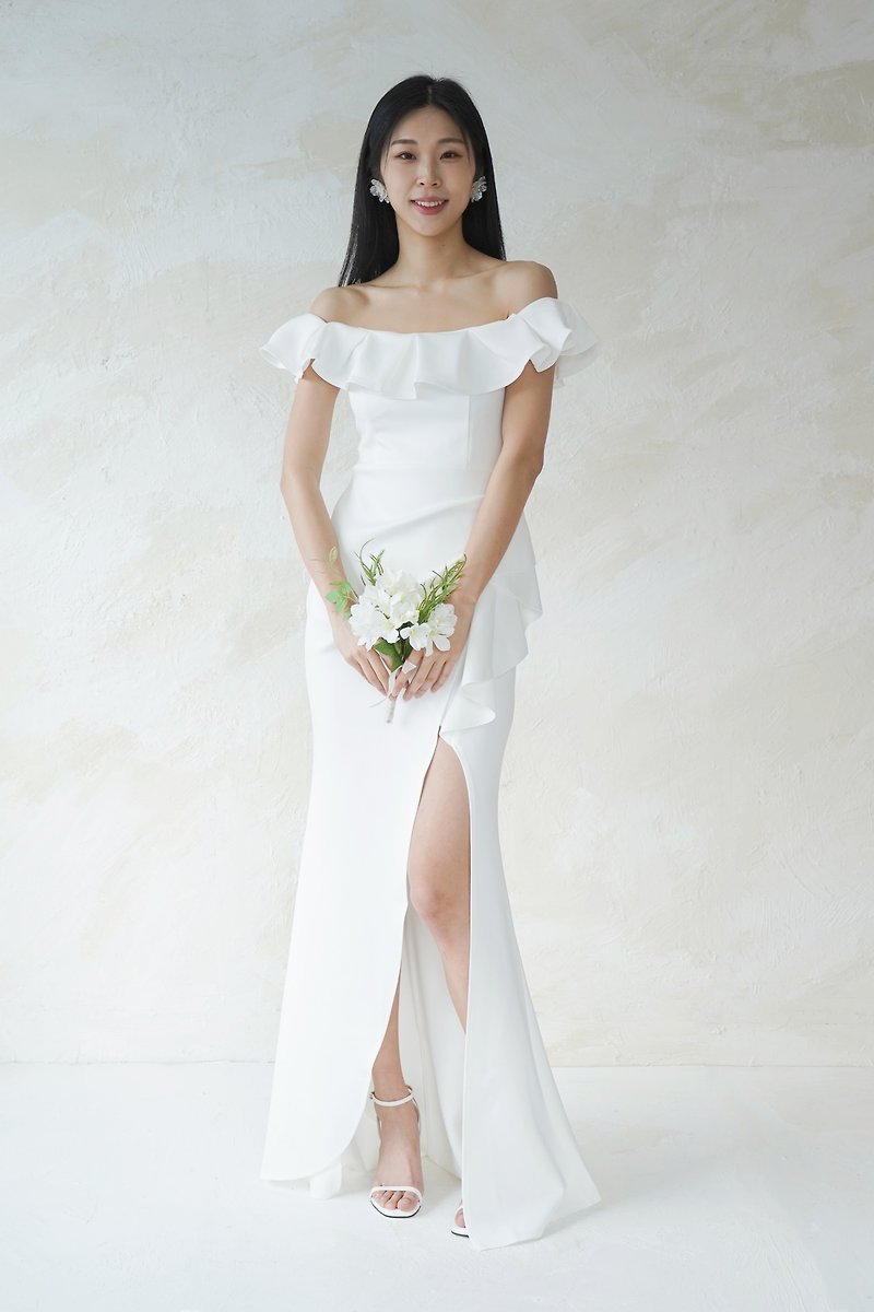 Frilled Off-shoulder Slit Dress - Evening Dresses & Gowns - Other Materials White
