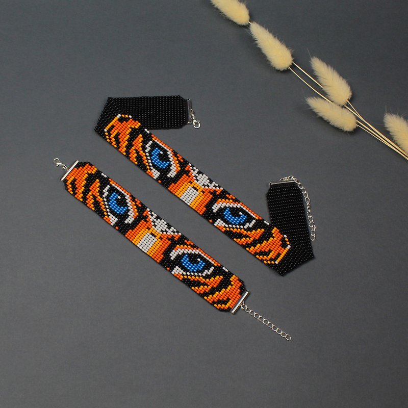 Jewelry set bead choker and bracelet, Tiger eye necklace - Chokers - Glass Orange