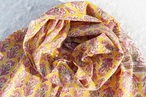 omhandmade 手工木刻印植物染圍巾手織圍巾 編織圍巾 草木染純綿絲巾-歐洲花
