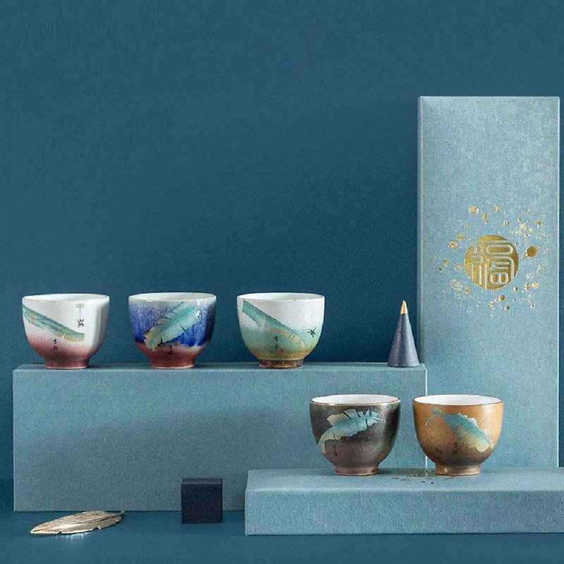 Colorful Fu Lu Shou Xi Cai Cai | Master Cup Ceramic Kung Fu Tea Cup 5-piece Set New Year's Spring Festival Gift Box - Teapots & Teacups - Pottery 