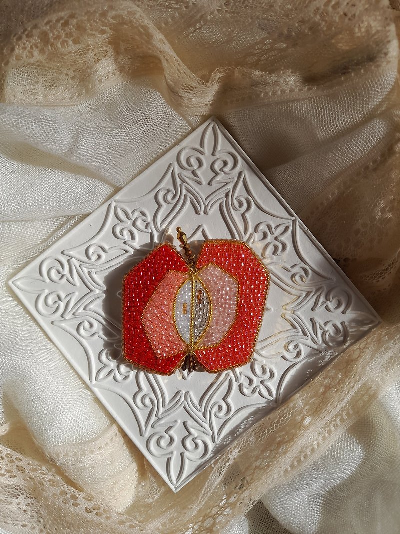 Beautiful brooch Apple fruit handmade geometry red gold white beads - Brooches - Thread Red