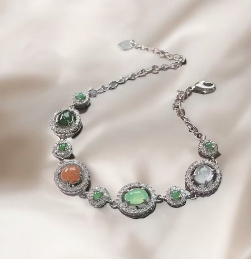 瓔珞珠寶盒 E.L.Jewelry Box 冰種多彩翡翠蛋面手鍊 925純銀鑲嵌 | 天然緬甸玉A貨翡翠 | 送禮