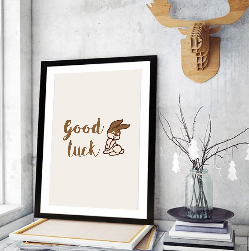 Good luck Rabbit embroidery in the black picture frame - Items for Display - Wood White