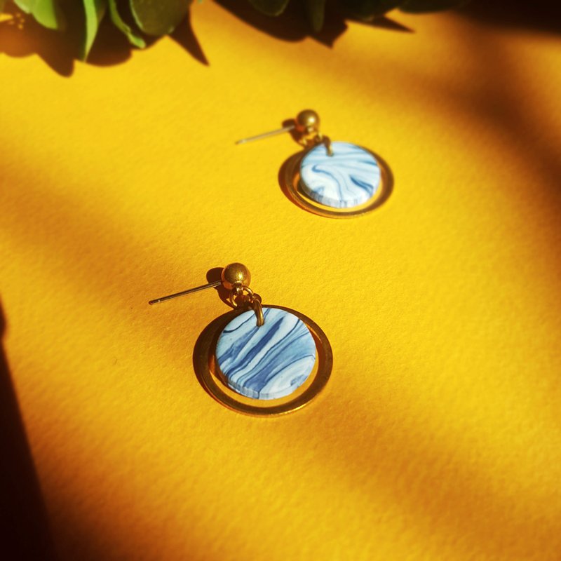 It's Your Sea Series-Holiday Style Simple Dark Blue Marbled Earrings (Ear Pins/ Clip-On ) - Earrings & Clip-ons - Copper & Brass Blue