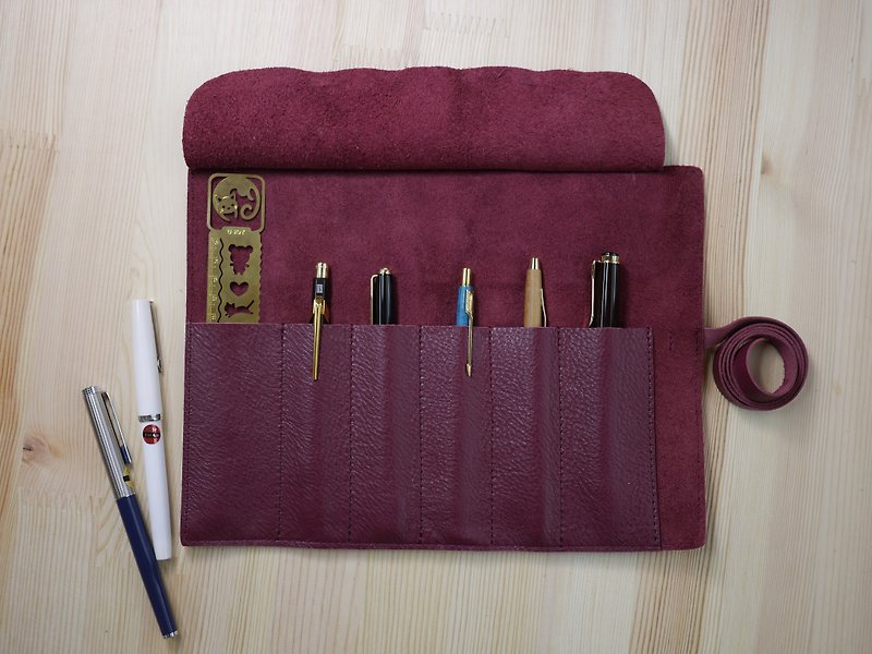 Red leather pen [free brand] - กล่องดินสอ/ถุงดินสอ - หนังแท้ สีแดง