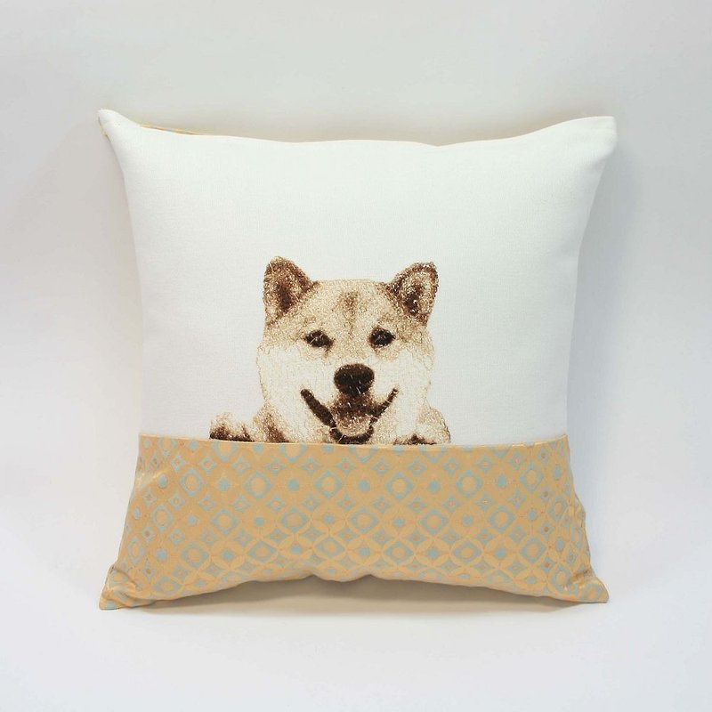 Embroidery small pillow 09- Shiba - หมอน - ผ้าฝ้าย/ผ้าลินิน สีเหลือง