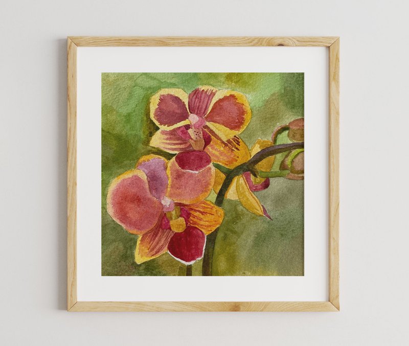 Orchid watercolor painting flower artwork Kitchen Decor flower wall art 15x15 cm - ตกแต่งผนัง - กระดาษ หลากหลายสี