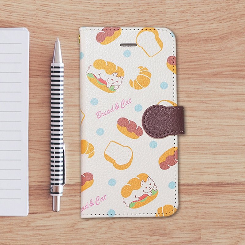 【Notebook type android phone case】Bread & Cat - Phone Cases - Other Materials White