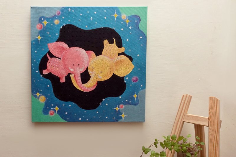 Frameless elephant painting/hand-painted with Acrylic paint/flying elephant/starry sky/childlike home decoration - โปสเตอร์ - วัสดุอื่นๆ สีน้ำเงิน