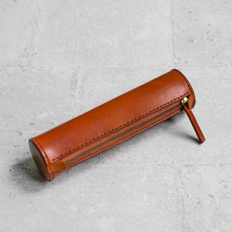 Light brown cylinder leather pencil case - กล่องดินสอ/ถุงดินสอ - หนังแท้ สีส้ม