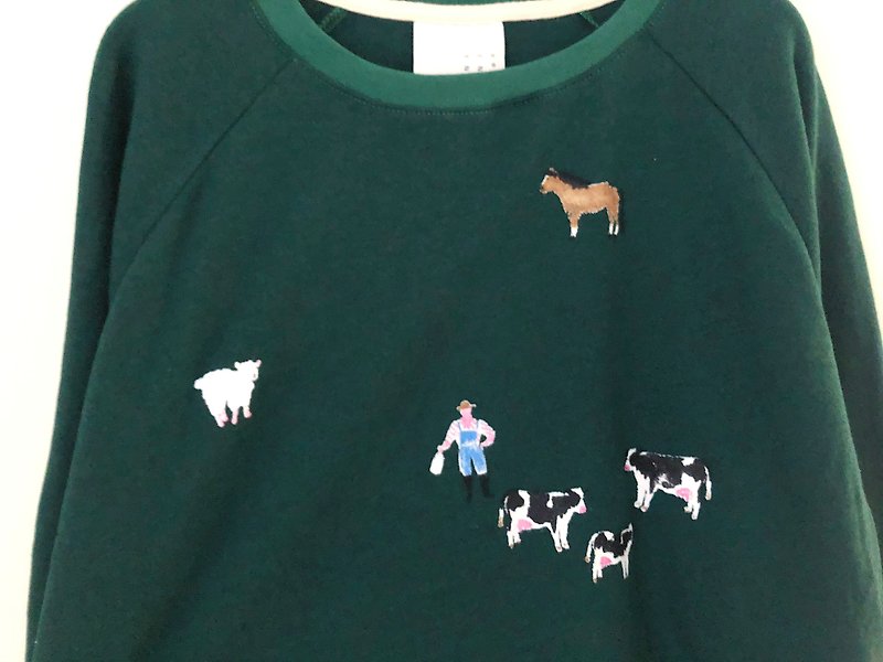 My Little Farm / Raglan Sleeve Top Terry Knit T-Shirt / Dark Green - 女 T 恤 - 棉．麻 綠色