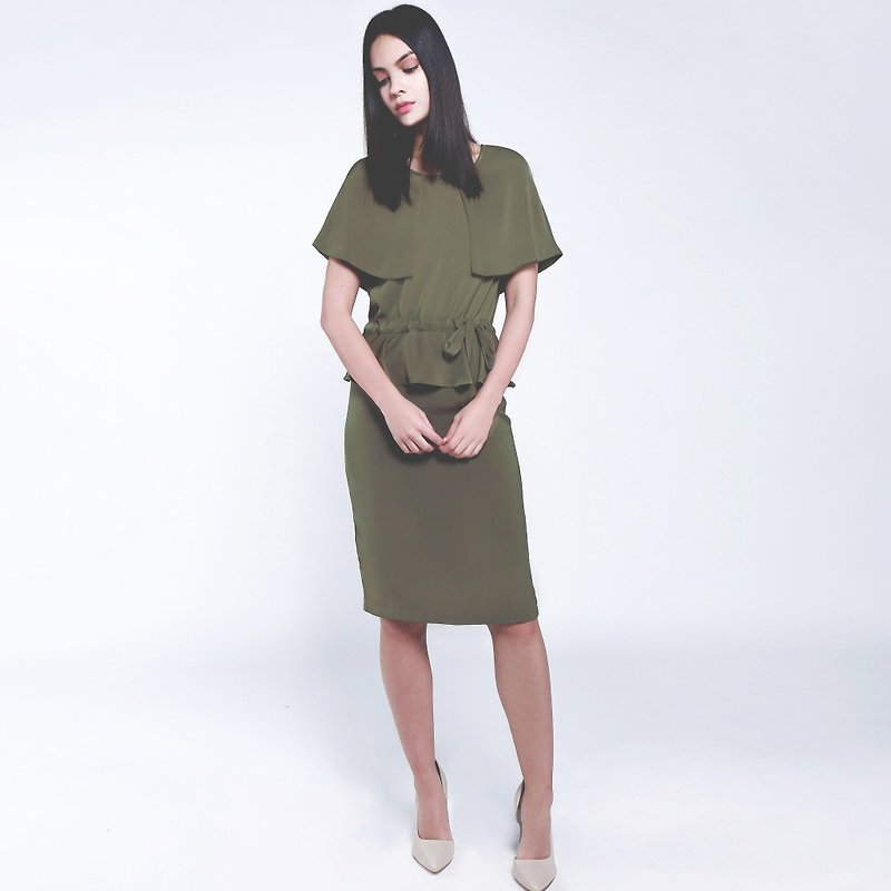 Olive green round neck caped long dress soft texture draped fabric - One Piece Dresses - Polyester Khaki