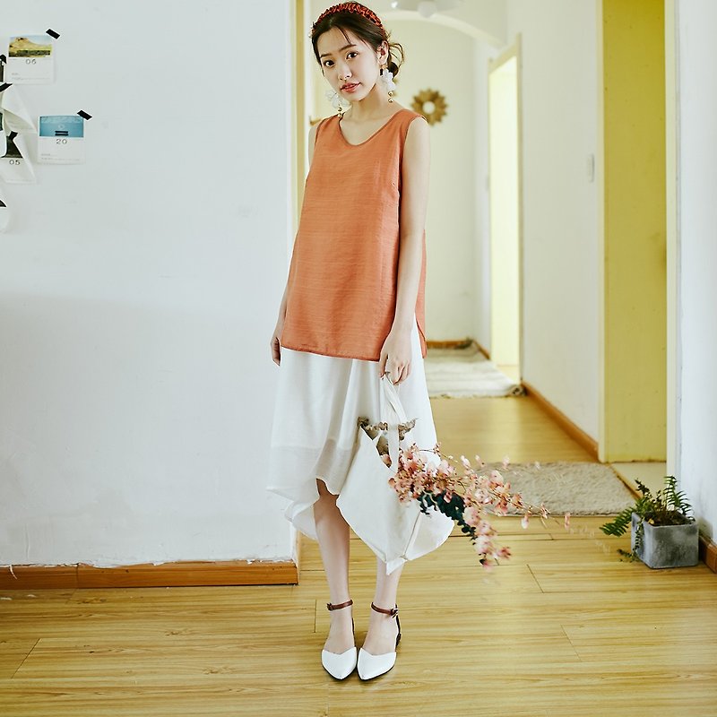 [thin section] women's summer wear fake two-piece contrast color dress dress M159 - ชุดเดรส - เส้นใยสังเคราะห์ สีส้ม